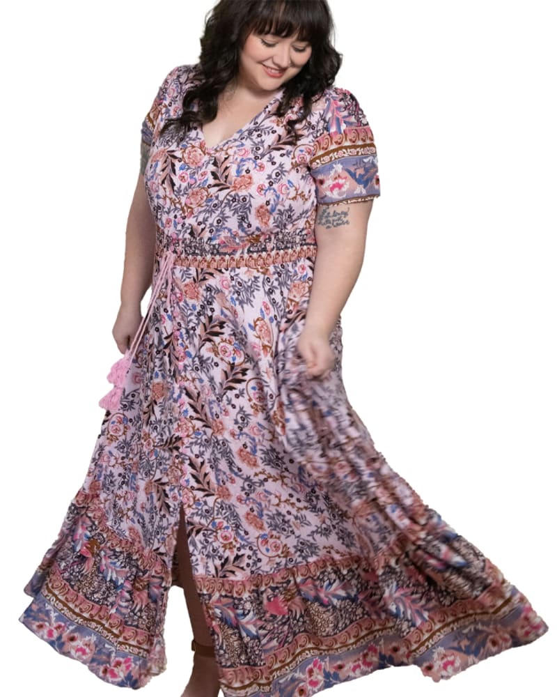 Front of a model wearing a size XL Elise Maxi Dress Bohemian Floral Print Pink in Pink by ANNICK. | dia_product_style_image_id:282074